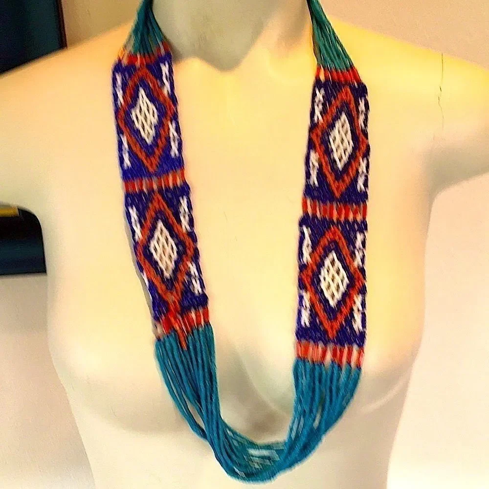 Handmade VTG 60’s belt/necklace glass bead Hand Crafted blue turquoise orange
